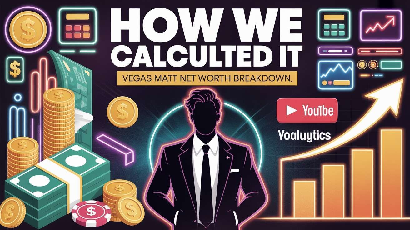 Calculation graphic showing charts, casino chips, and revenue elements explaining how Vegas Matt net worth was estimated