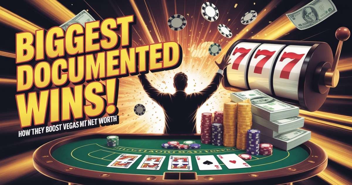 Visual of massive casino win with poker chips, cash, and jackpot graphics showing Vegas Matt’s biggest documented wins affecting his net worth
