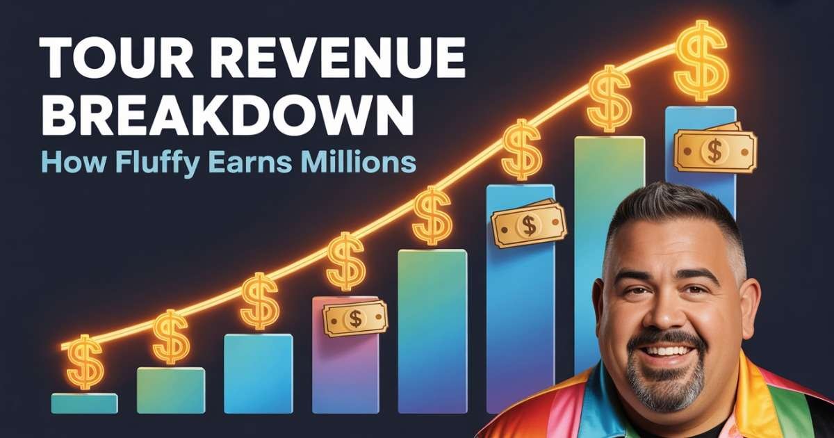 Infographic-style image showing Gabriel Iglesias with charts and dollar icons titled “Tour Revenue Breakdown”.