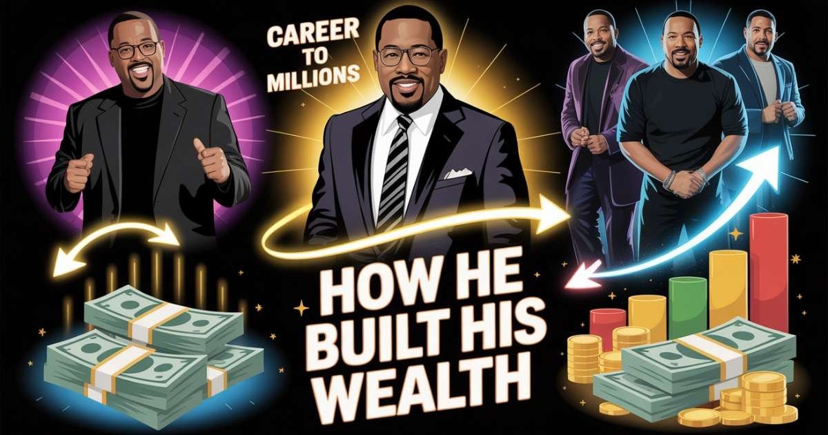 Infographic-style image showing how Martin Lawrence built his wealth through comedy, TV, and blockbuster movies