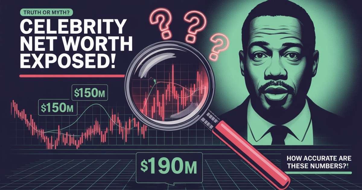 Investigative-style graphic questioning the accuracy of celebrity net worth figures with fluctuating numbers and charts.