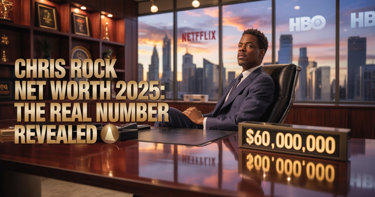 Chris Rock in a luxury office with city skyline and glowing $60 million text overlay reading ‘Chris Rock Net Worth 2025: The Real Number Revealed’ — cinematic wealth-themed image.