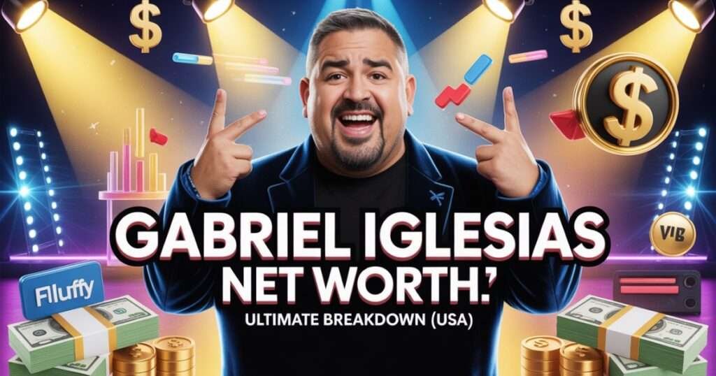 Eye-catching feature image of Gabriel Iglesias with bright stage lights, dollar signs, and luxury elements, featuring bold text “Gabriel Iglesias Net Worth – Ultimate Breakdown (USA)