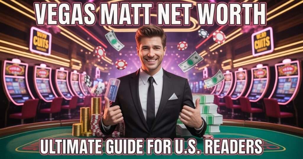 Vegas Matt Net Worth: Ultimate Guide for U.S. Readers Vegas Matt Net Worth feature image showing a high-roller casino influencer in a luxury Las Vegas setting with cash, poker chips, neon lights, and bold clickbait text for the Ultimate Guide for U.S. Readers