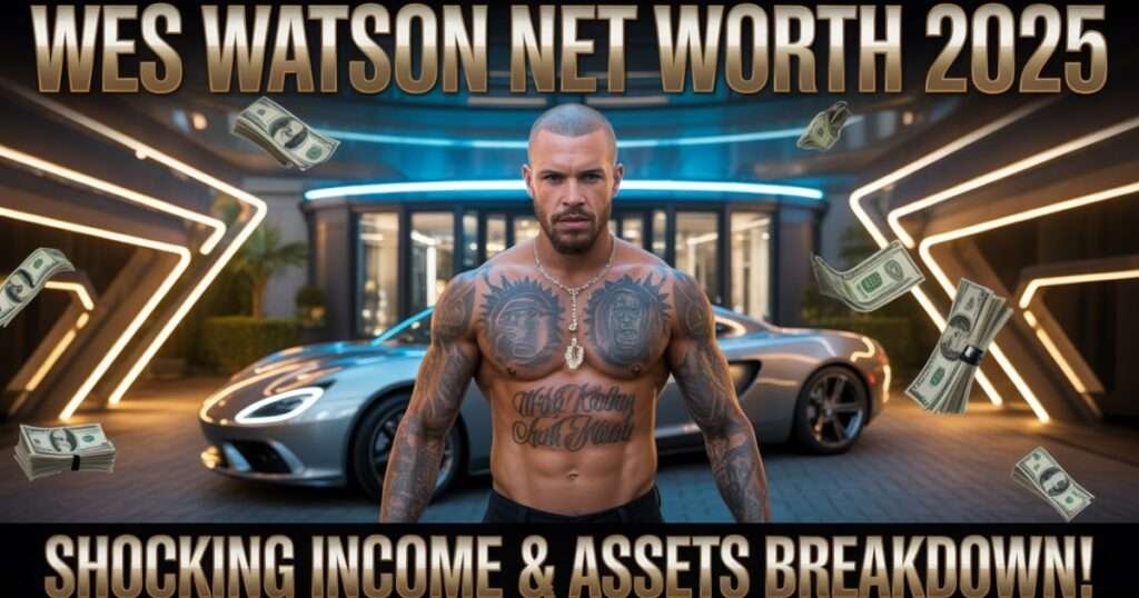 Wes Watson standing in front of a luxury mansion and sports car with money graphics and bold title text ‘Wes Watson Net Worth 2025 — Shocking Income & Assets Breakdown’ designed as a viral, eye-catching feature image